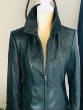 Preston & York Black Leather Zip-Front Jacket with Stand Collar